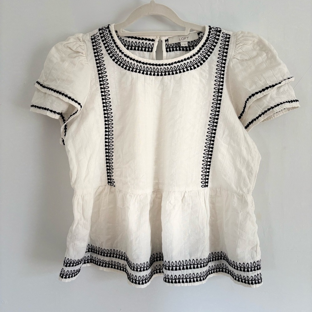 LOFT White Peplum Top with Black Embroidered Trim